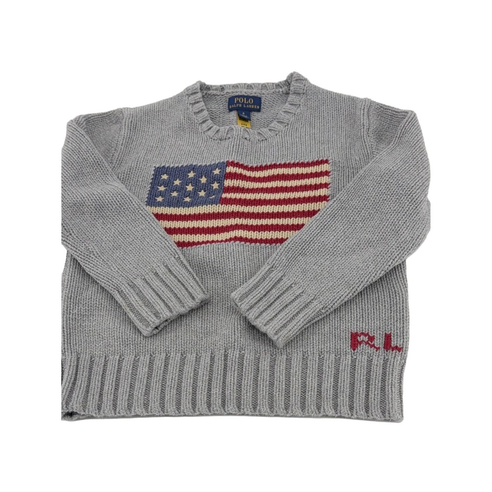 Polo Ralph Lauren American Flag Knit Sweater Kids Grey Size 6 Cotton Pullover - Picture 1 of 6